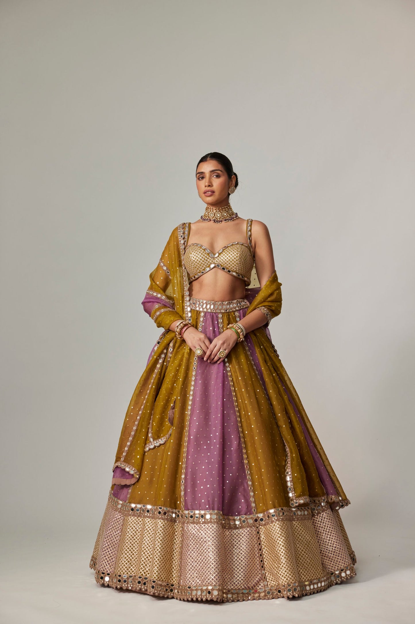 Green Multicolour Sequin Scattered Lehenga Set
