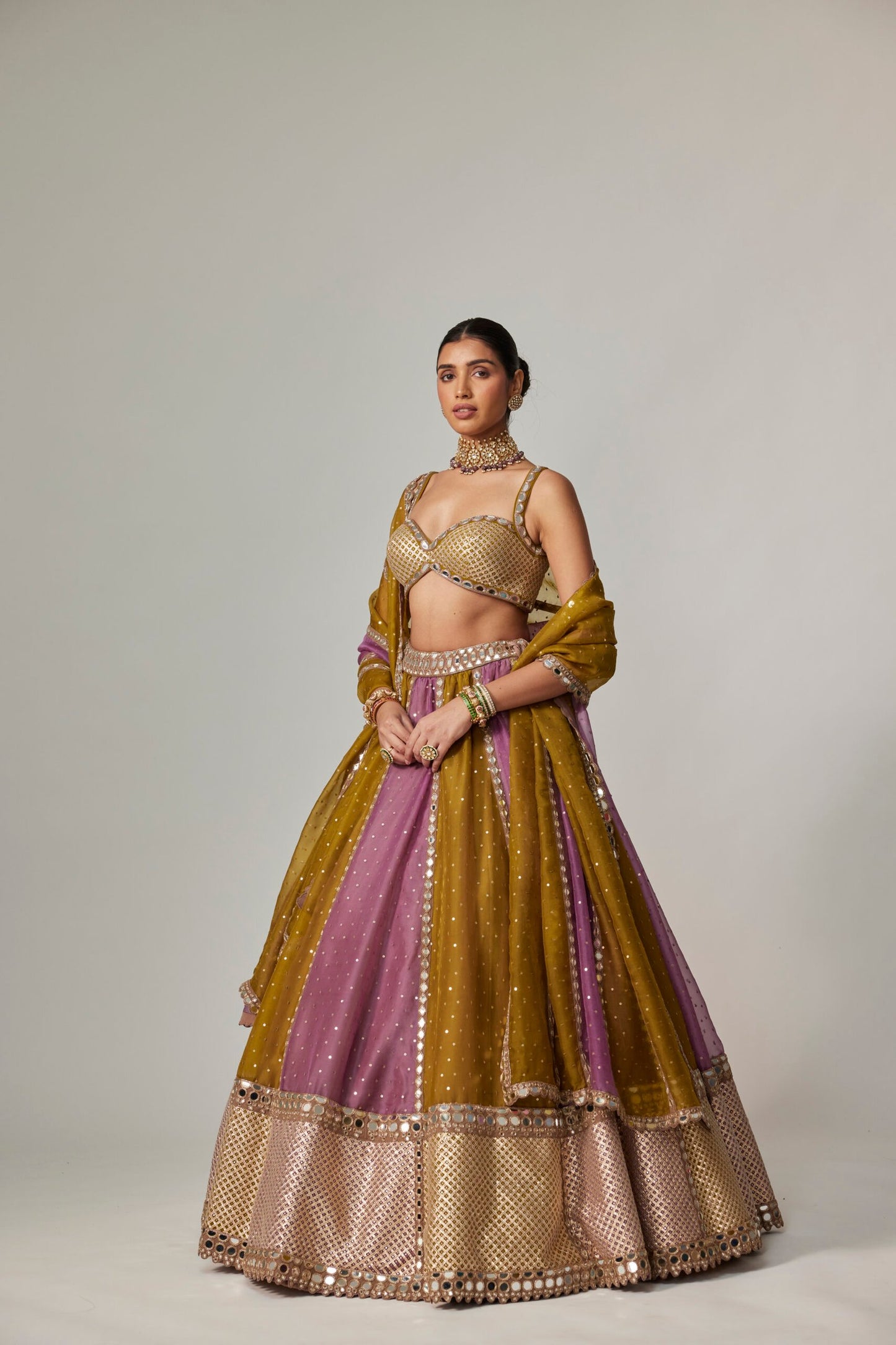 Green Multicolour Sequin Scattered Lehenga Set