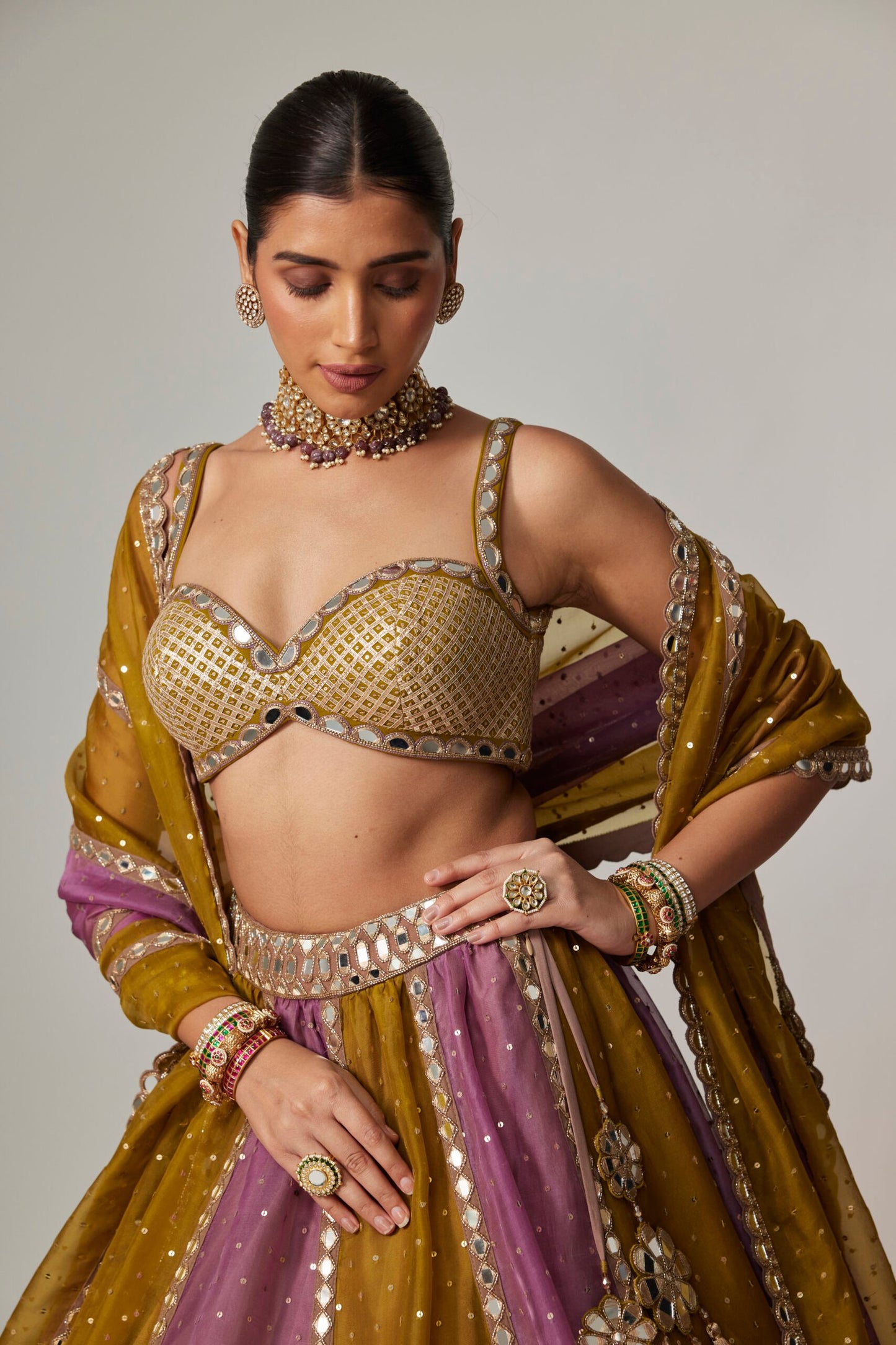 Green Multicolour Sequin Scattered Lehenga Set
