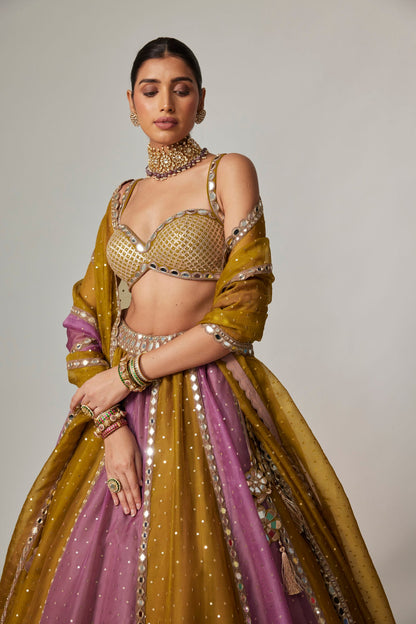 Green Multicolour Sequin Scattered Lehenga Set