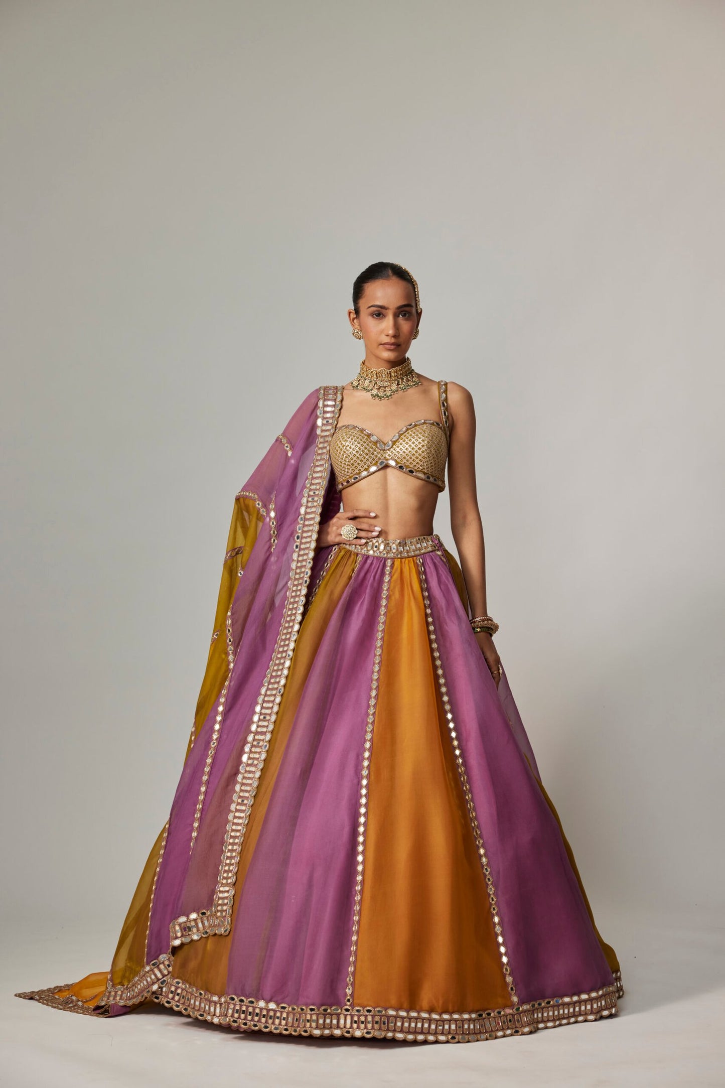 Mustard Multicolour Linear Lehenga With Sweetheart Blouse