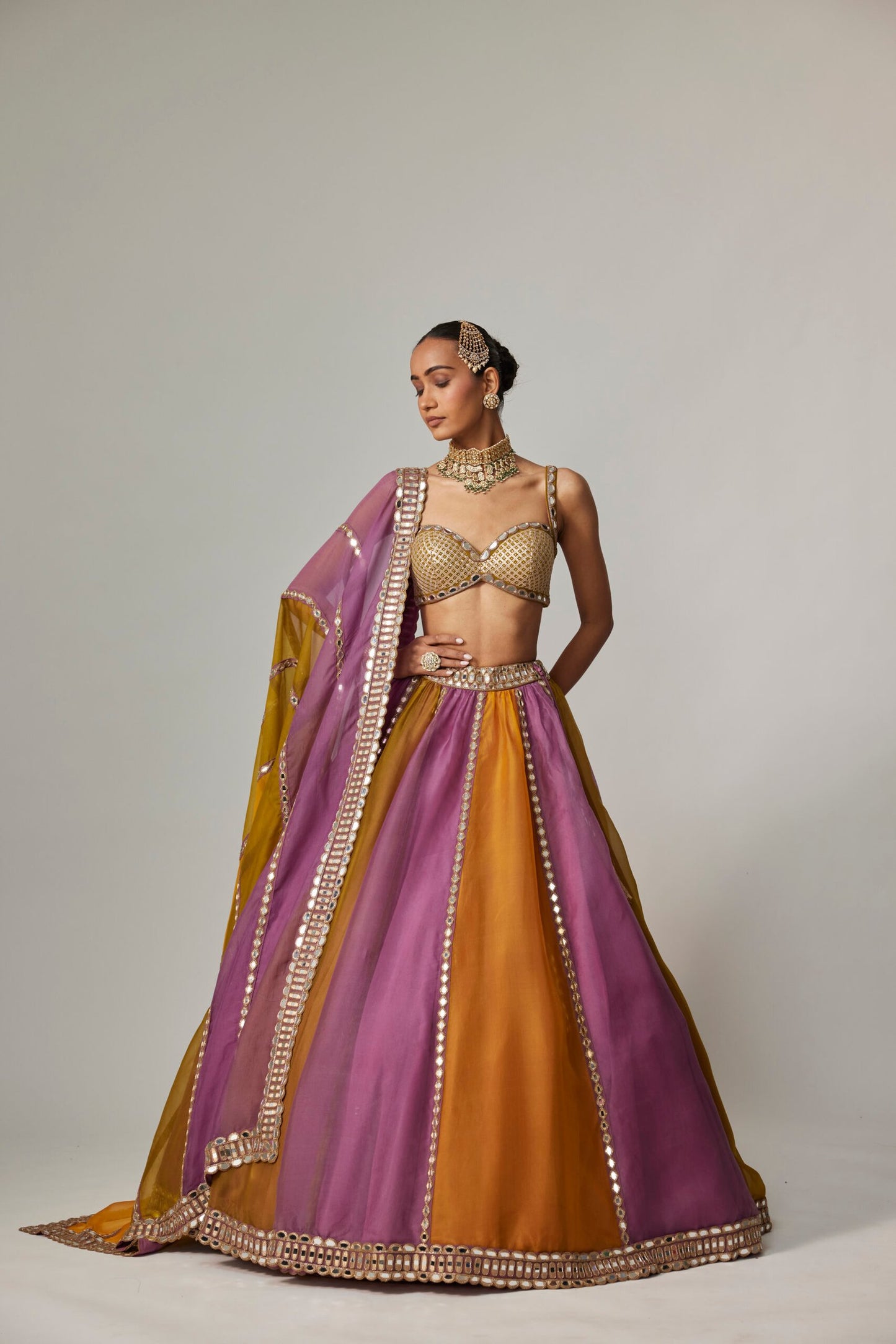 Mustard Multicolour Linear Lehenga With Sweetheart Blouse