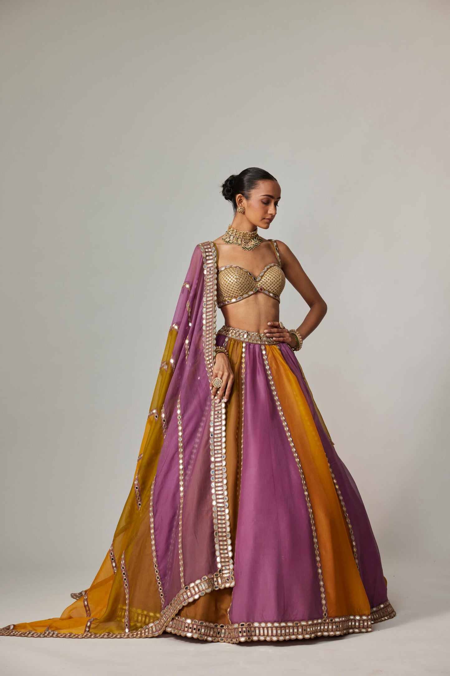 Mustard Multicolour Linear Lehenga With Sweetheart Blouse