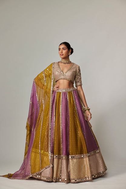 Green Multicolour Sequin Scattered Lehenga With V-Neck Elbow Sleeve Blouse