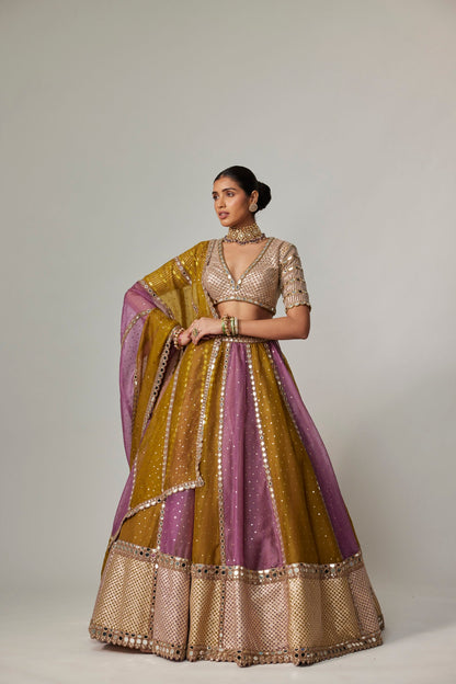 Green Multicolour Sequin Scattered Lehenga With V-Neck Elbow Sleeve Blouse