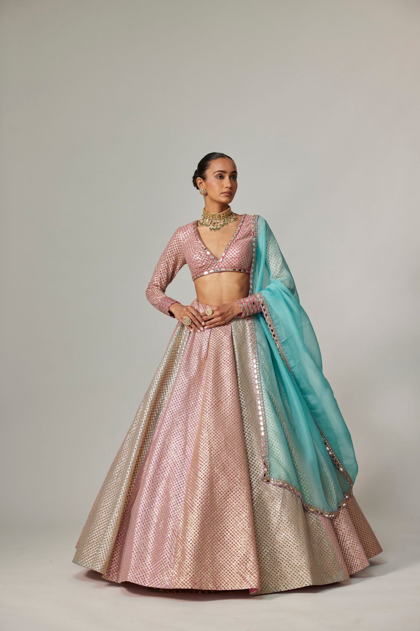 DARK BLUSH MULTICOLOR METALLIC GOTA LEHENGA WITH V NECK BLOUSE AND AQUA DUPATTAA