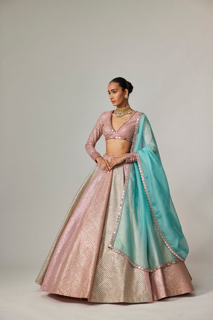 DARK BLUSH MULTICOLOR METALLIC GOTA LEHENGA WITH V NECK BLOUSE AND AQUA DUPATTAA