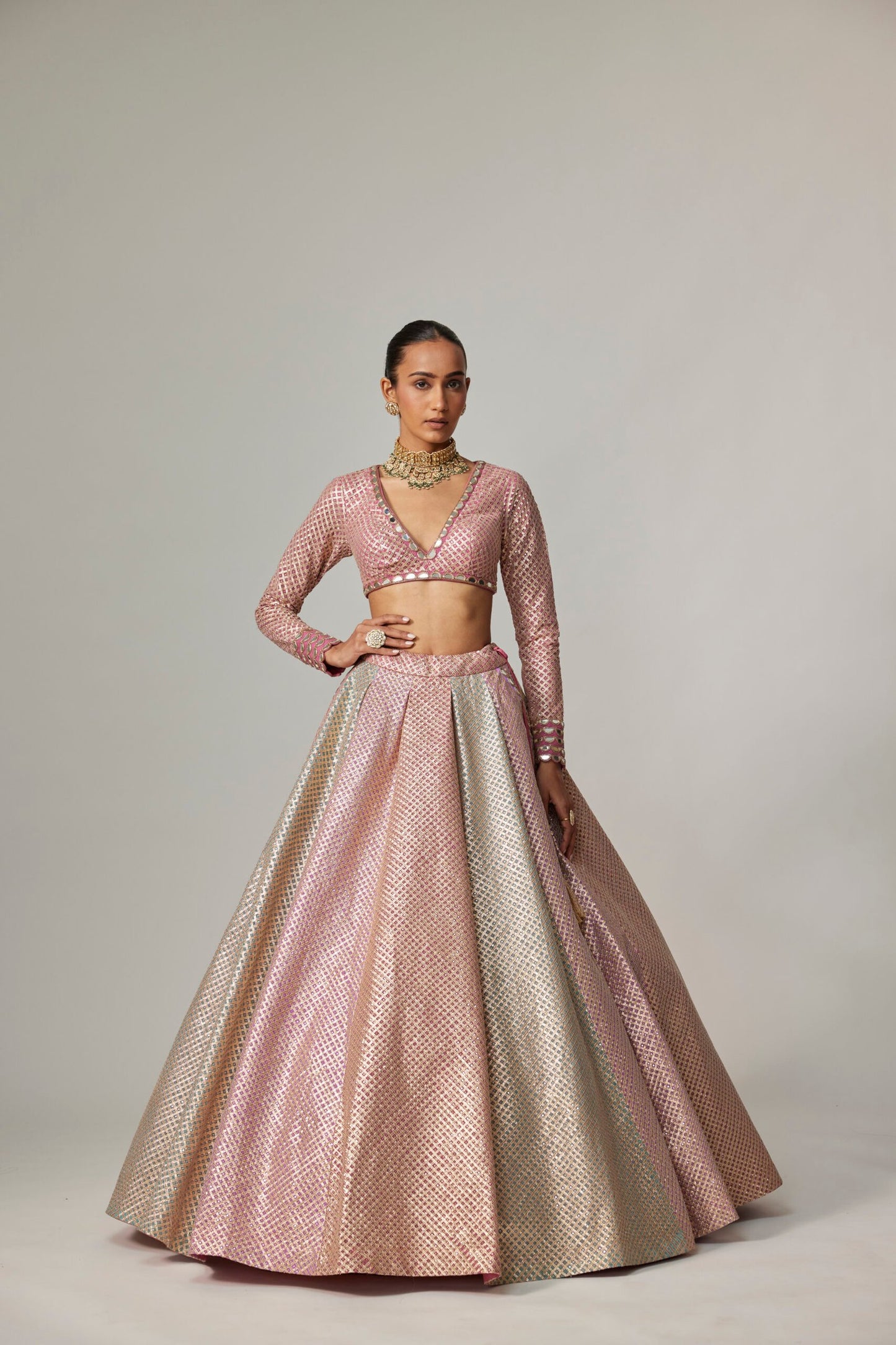 DARK BLUSH MULTICOLOR METALLIC GOTA LEHENGA WITH DARK BLUSH DUPATTA