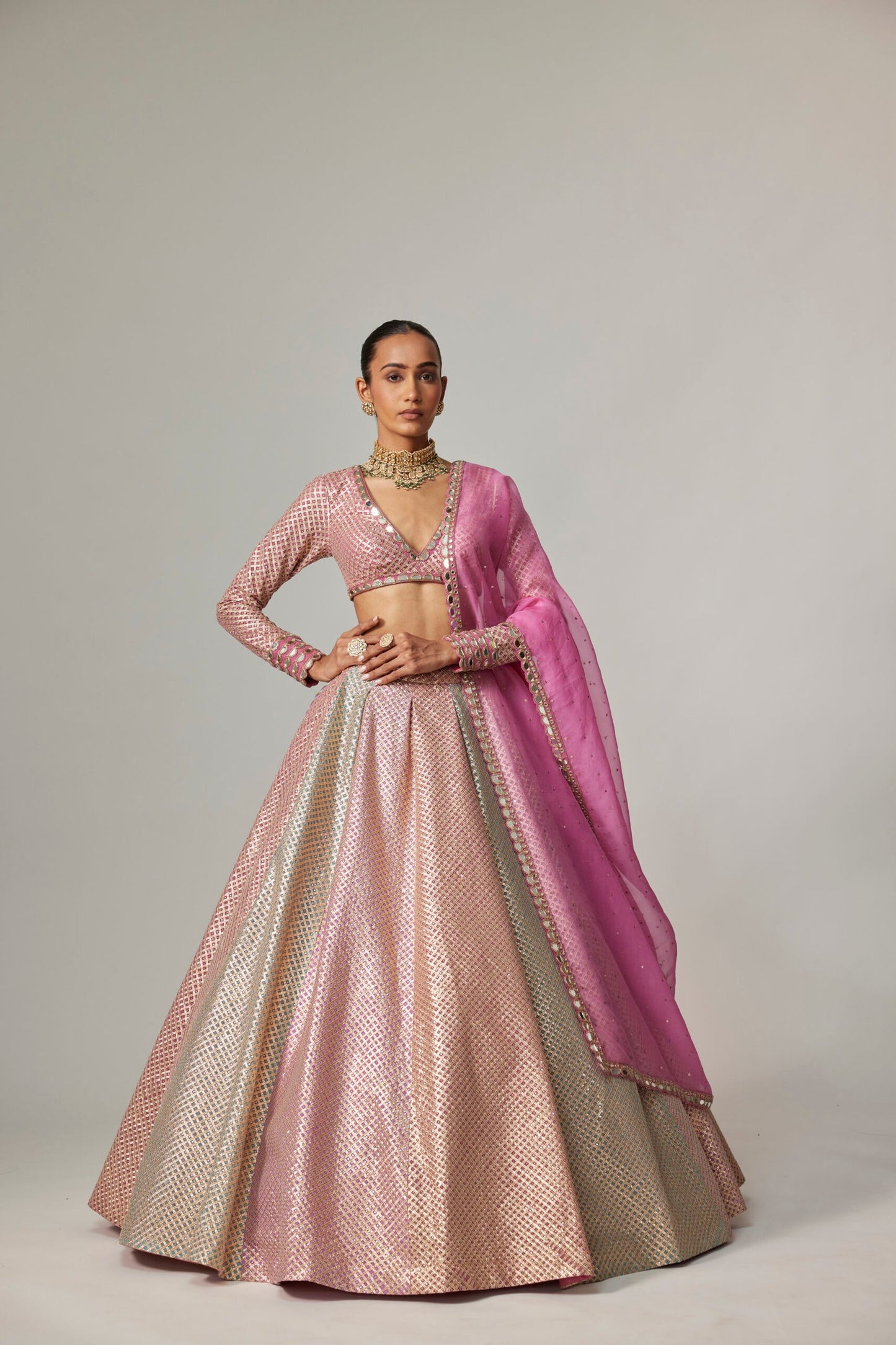 DARK BLUSH MULTICOLOR METALLIC GOTA LEHENGA WITH DARK BLUSH DUPATTA