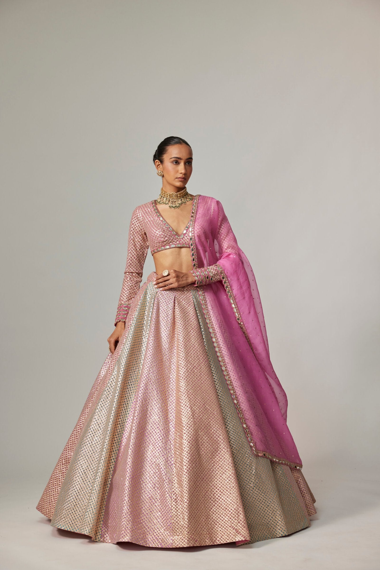 DARK BLUSH MULTICOLOR METALLIC GOTA LEHENGA WITH DARK BLUSH DUPATTA