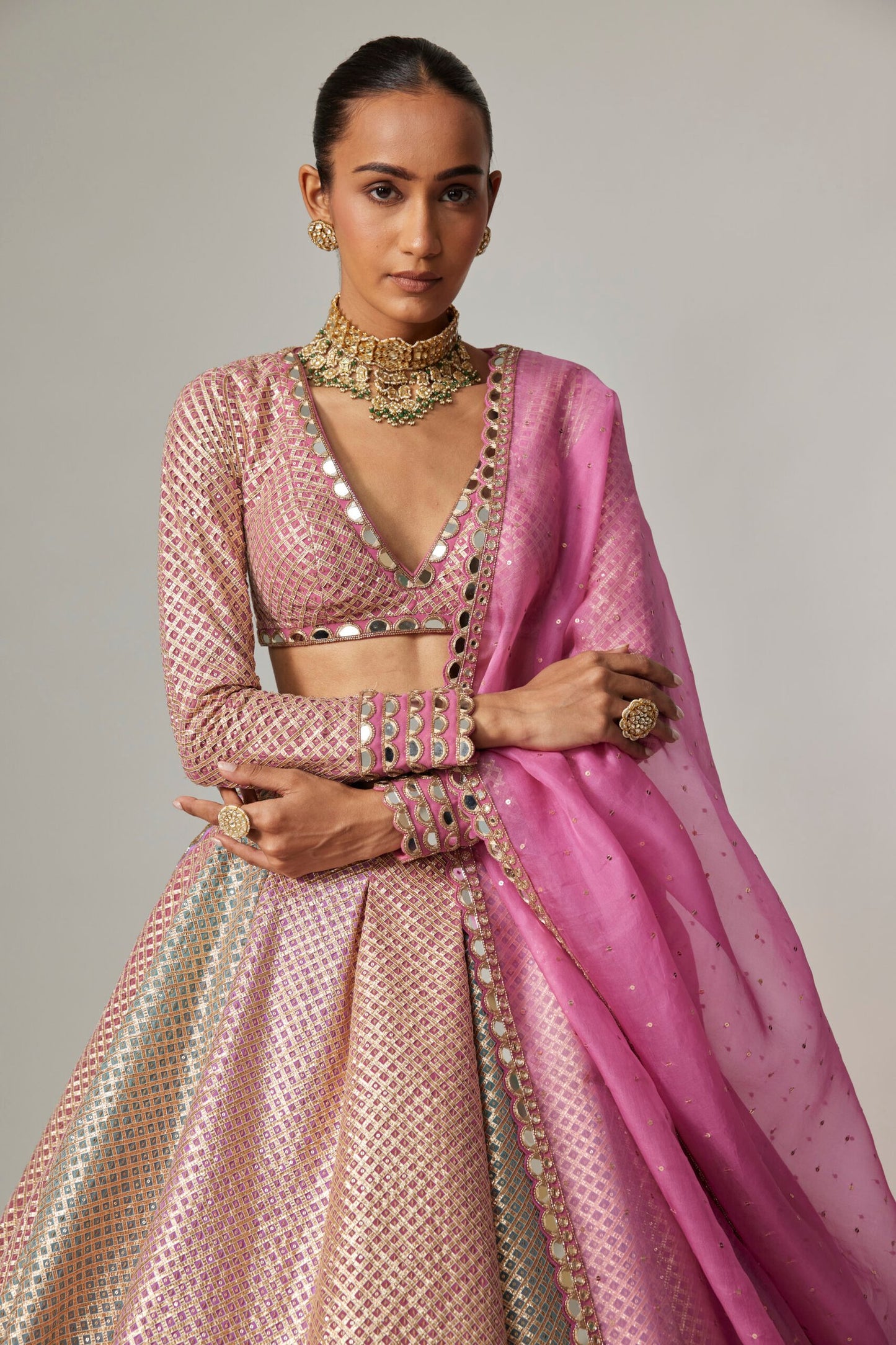 DARK BLUSH MULTICOLOR METALLIC GOTA LEHENGA WITH DARK BLUSH DUPATTA