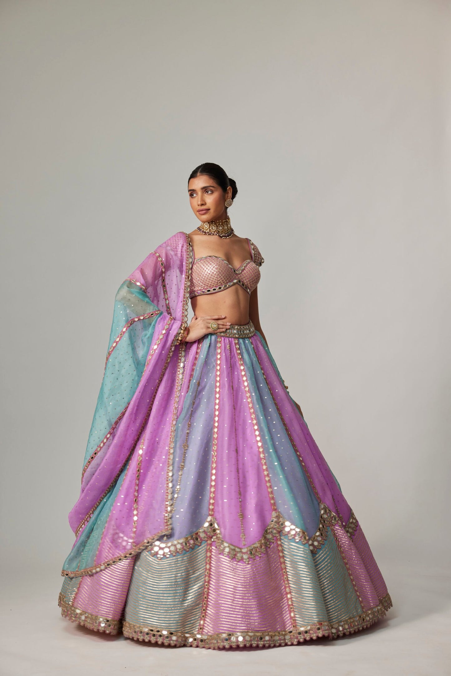 MAUVE MULTICOLOR SEQUINS SCATTER LEHENGA WITH CAP SLEEVE BLOUSE