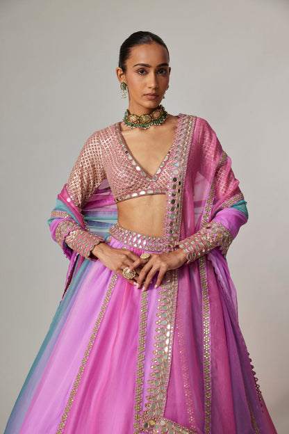 MAUVE MULTICOLOR LINEAR LEHENGA WITH V NECK BLOUSE