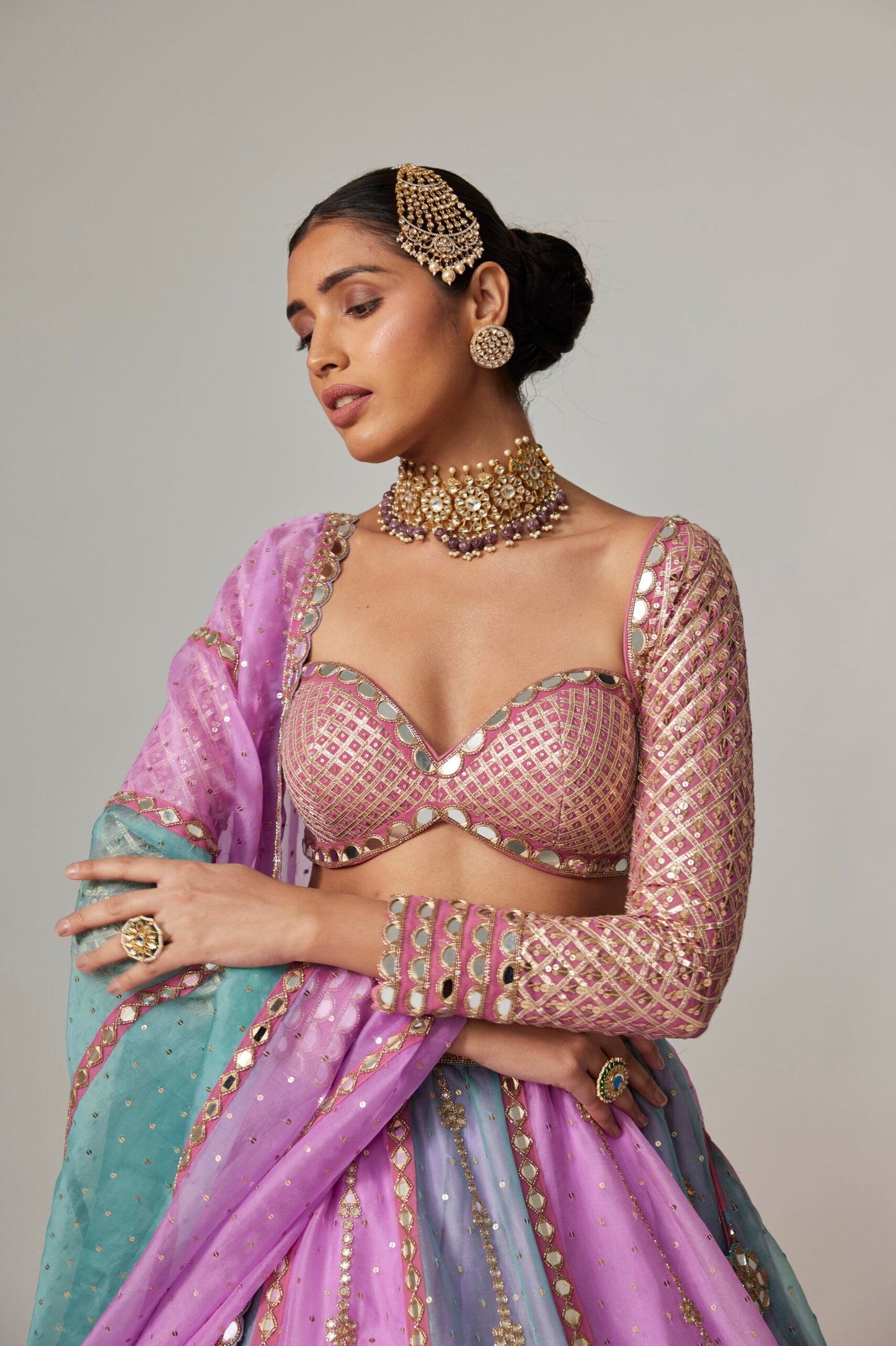 MAUVE MULTICOLOR SEQUIN SCATTERED LEHENGA WITH SWEETHEART FULL SLEEVE BLOUSE
