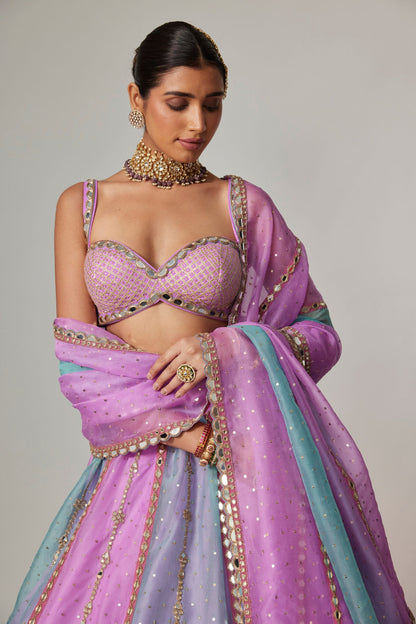 MAUVE MULTICOLOR SEQUIN SCATTERED LEHENGA WITH SWEETHEART NECK BLOUSE