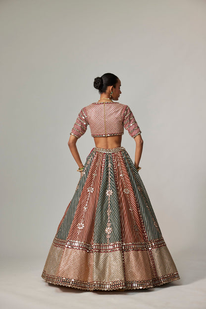 CRANBERRY MULTICOLOR LINEAR FLOWER LEHENGA SET WITH JADE GREEN DUPATTA