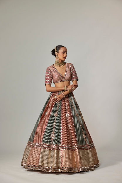 CRANBERRY MULTICOLOR LINEAR FLOWER LEHENGA SET WITH JADE GREEN DUPATTA