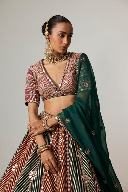 CRANBERRY MULTICOLOR LINEAR FLOWER LEHENGA SET WITH JADE GREEN DUPATTA
