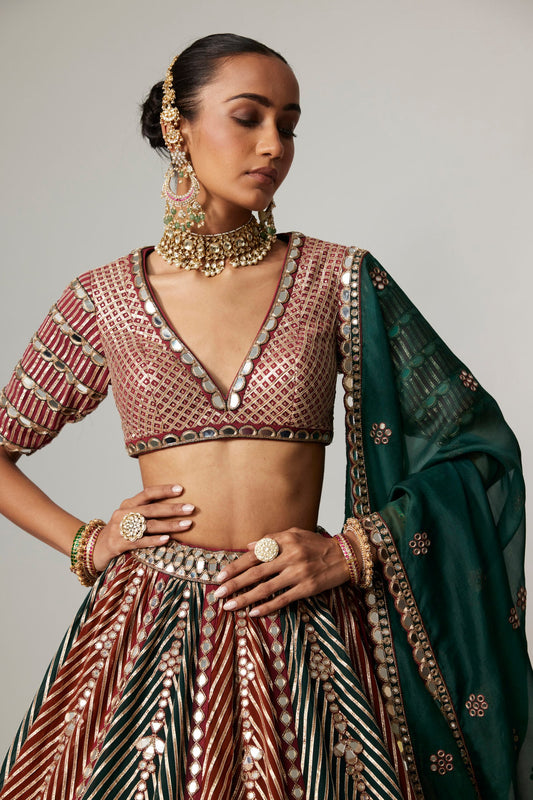 CRANBERRY MULTICOLOR LINEAR FLOWER LEHENGA SET WITH JADE GREEN DUPATTA