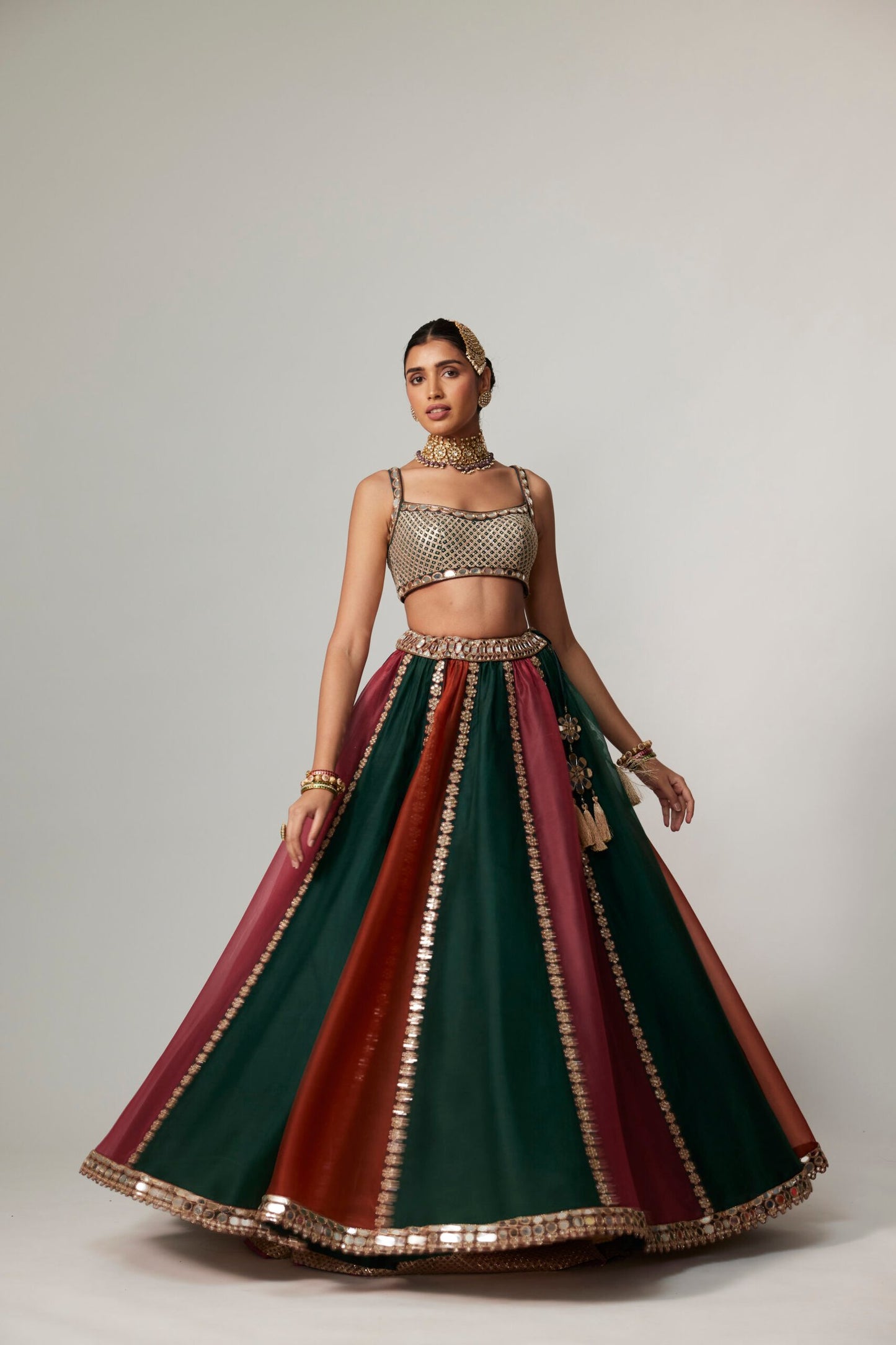 CRANBERRY MULTICOLOR LINEAR LEHENGA WITH SQUARE NECK BLOUSE