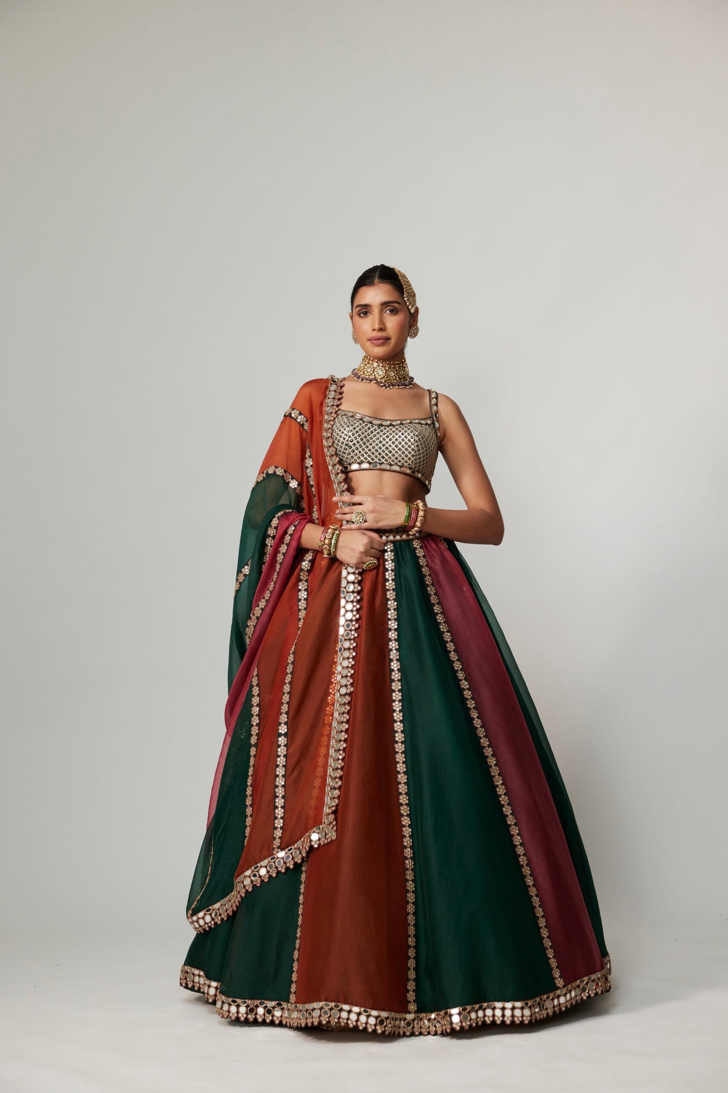 CRANBERRY MULTICOLOR LINEAR LEHENGA WITH SQUARE NECK BLOUSE