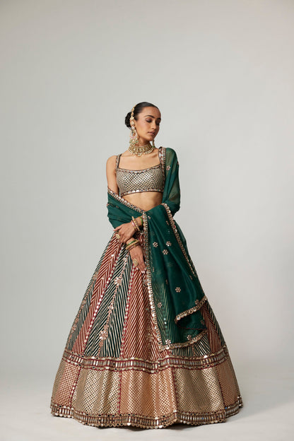 CRANBERRY MULTICOLOR LINEAR FLOWER LEHENGA SET WITH SQUARE NECK BLOUSE