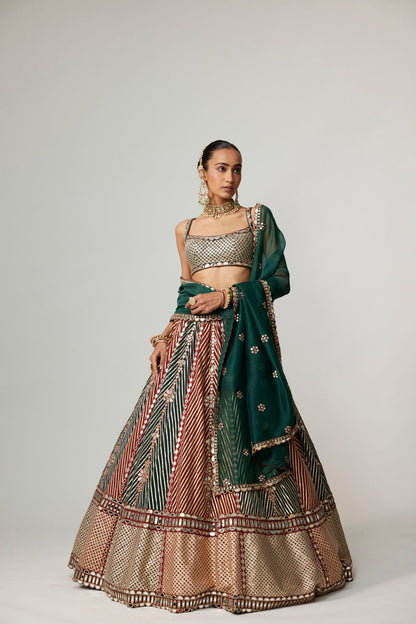 CRANBERRY MULTICOLOR LINEAR FLOWER LEHENGA SET WITH SQUARE NECK BLOUSE
