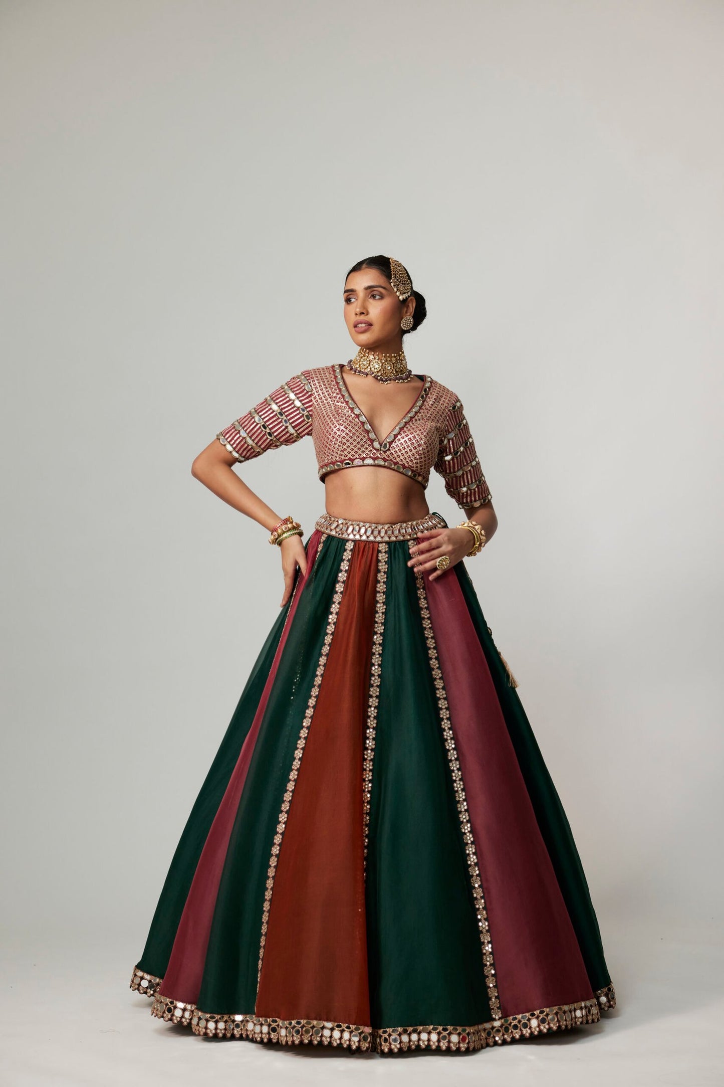 CRANBERRY MULTICOLOR LINEAR LEHENGA WITH V NECK BLOUSE