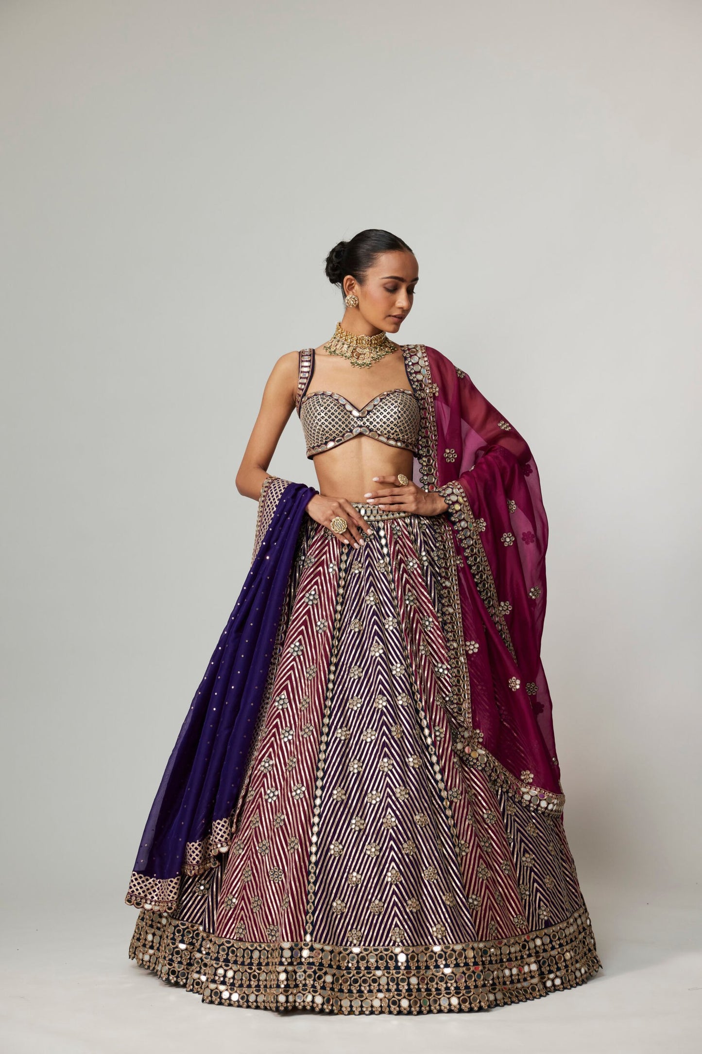 TEAL WINE MULTICOLOR LEHENGA SET WITH DOUBLE DUPATTA