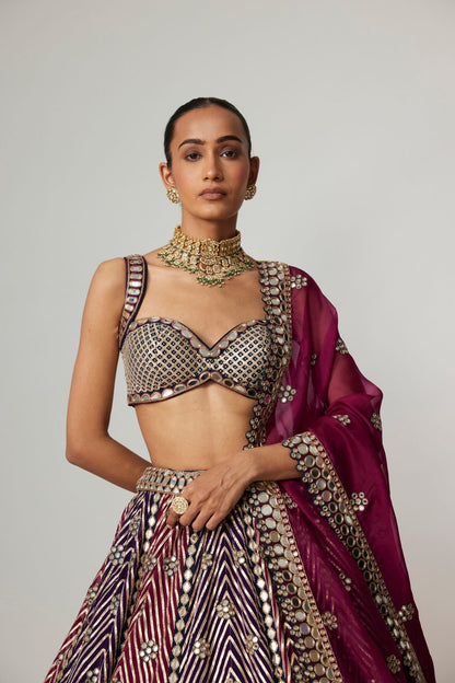 TEAL WINE MULTICOLOR LEHENGA SET WITH DOUBLE DUPATTA