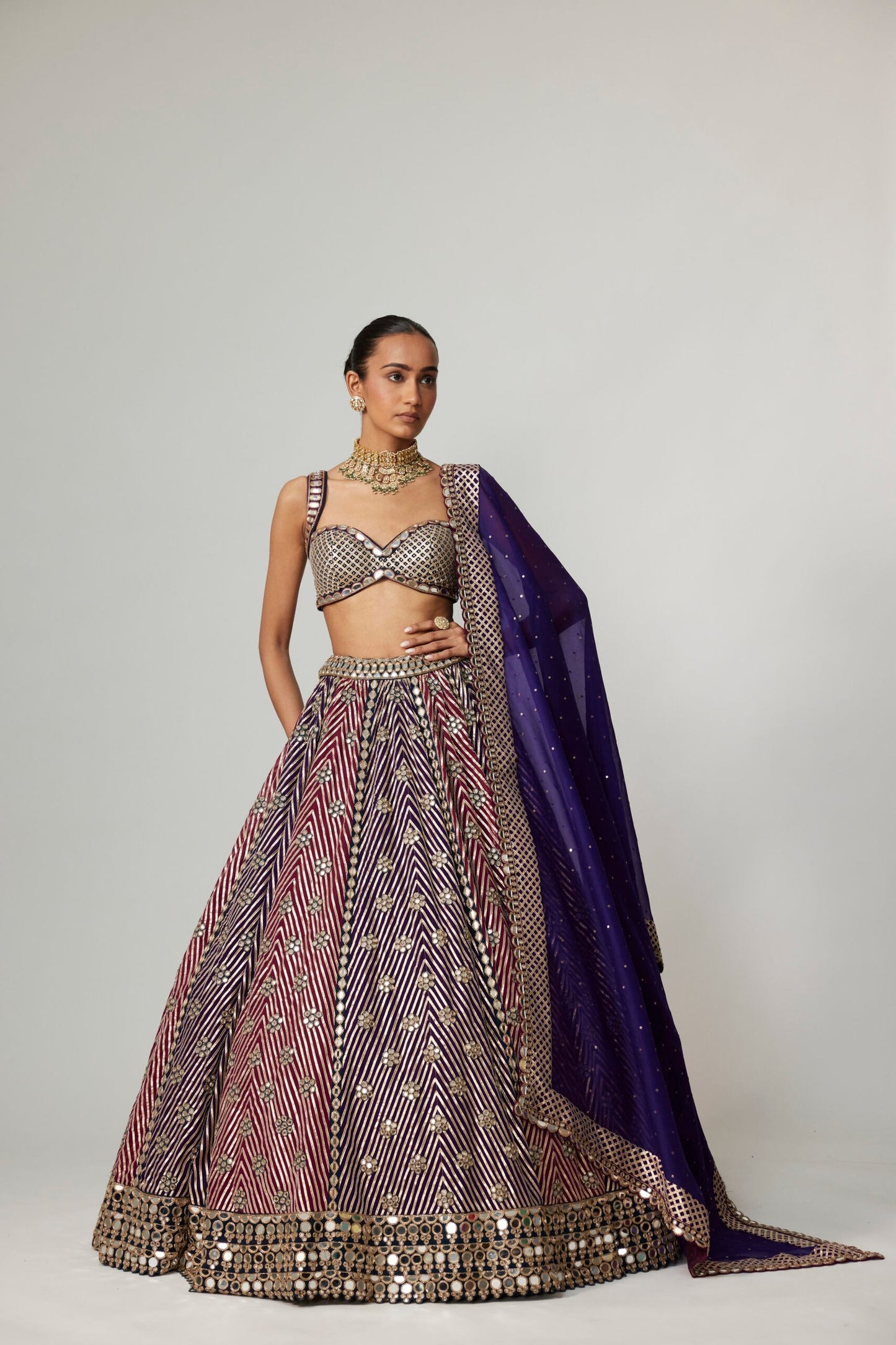 TEAL WINE MULTICOLOR LEHENGA SET WITH DARK PURPLE DUPATTA