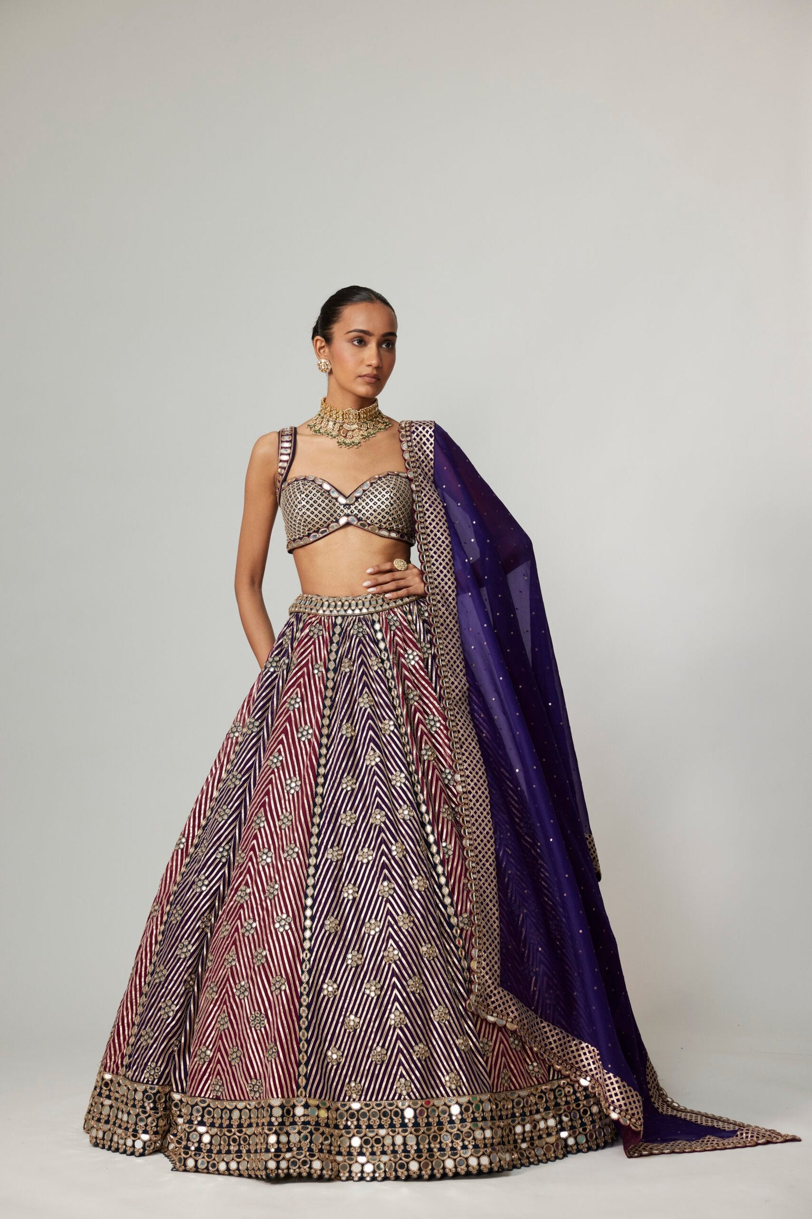 TEAL WINE MULTICOLOR LEHENGA SET WITH DARK PURPLE DUPATTA