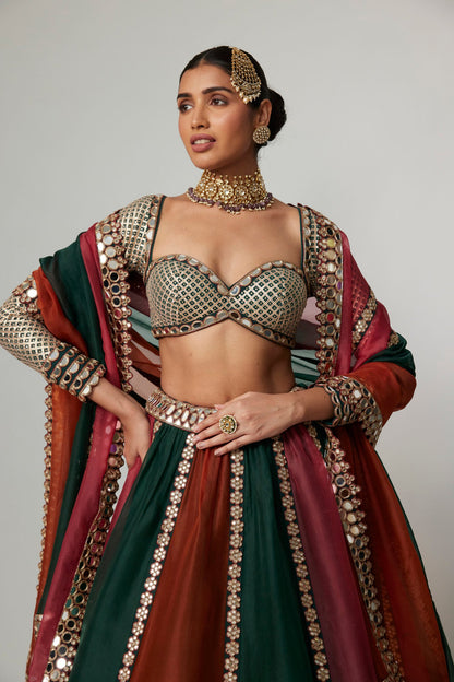CRANBERRY MULTICOLOR LINEAR LEHENGA WITH SWEETHEART FULL SLEEVE BLOUSE.