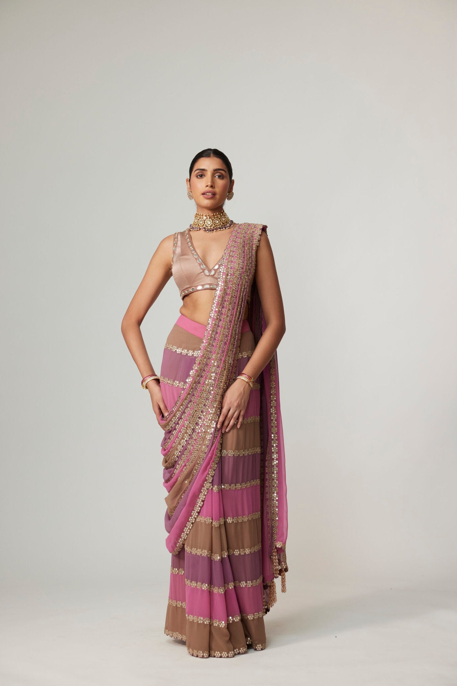 MUD MAUVE MULTICOLOR DRAPED SAREE