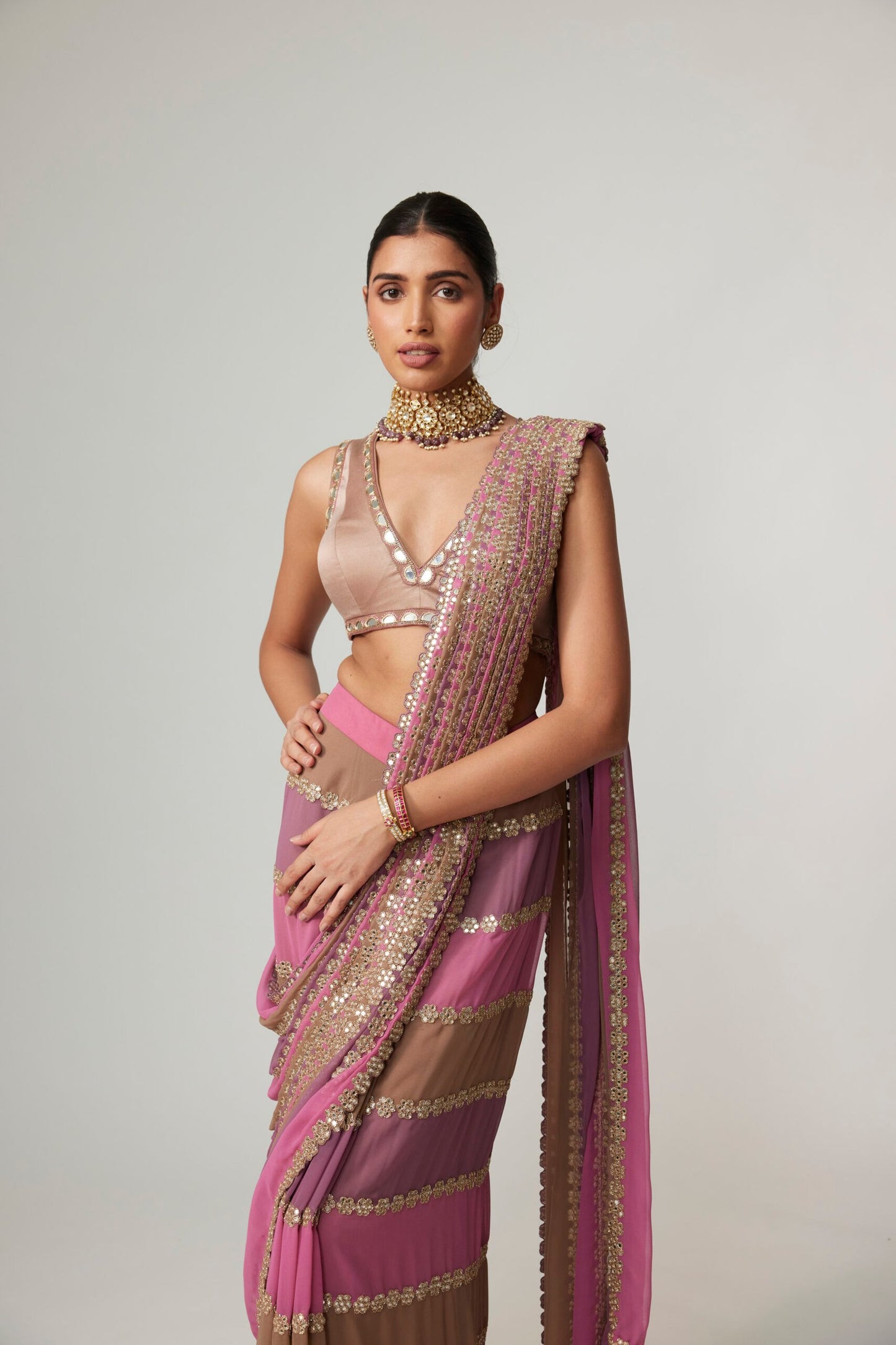 MUD MAUVE MULTICOLOR DRAPED SAREE