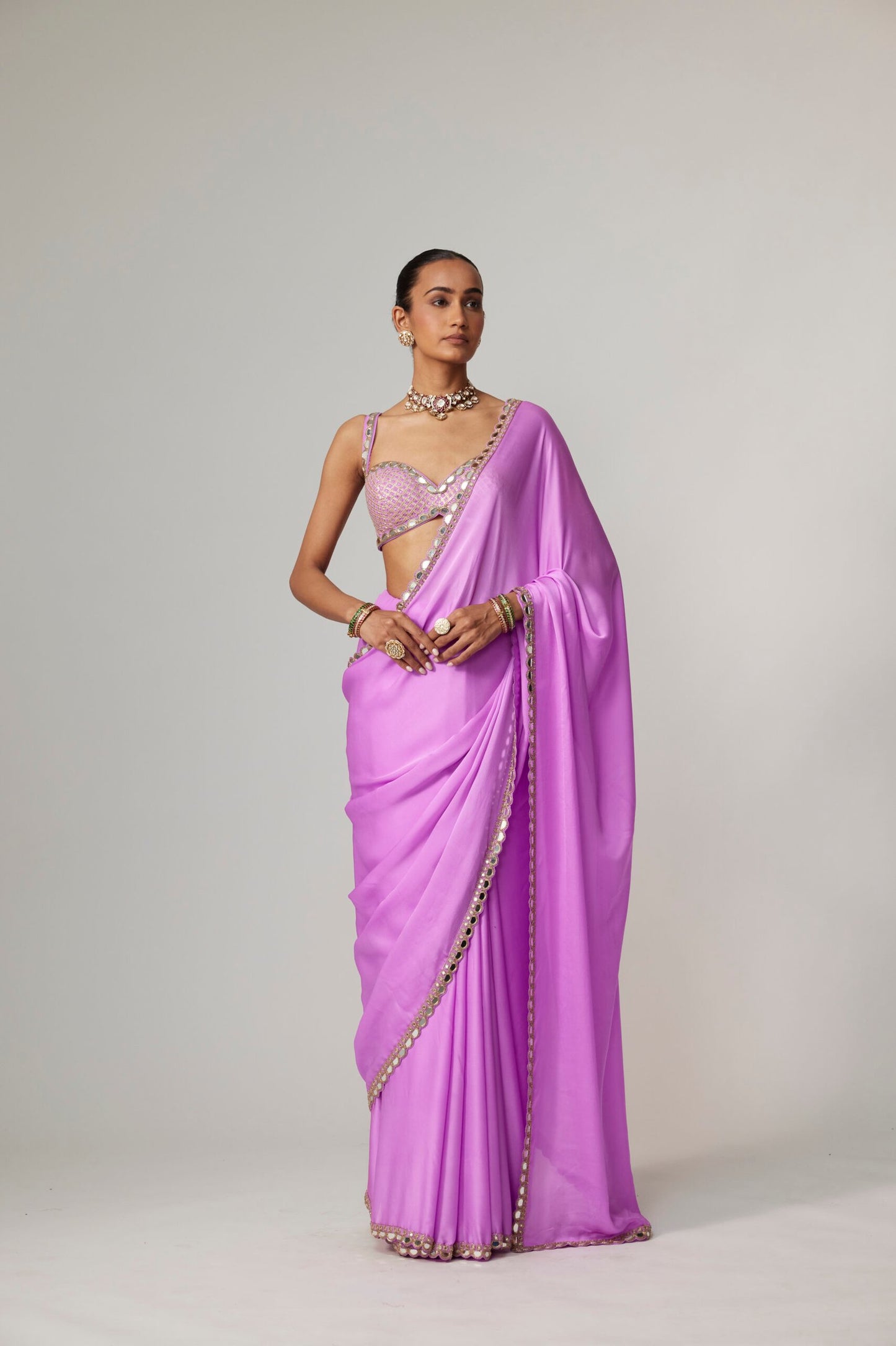MAUVE SATIN SAREE SET