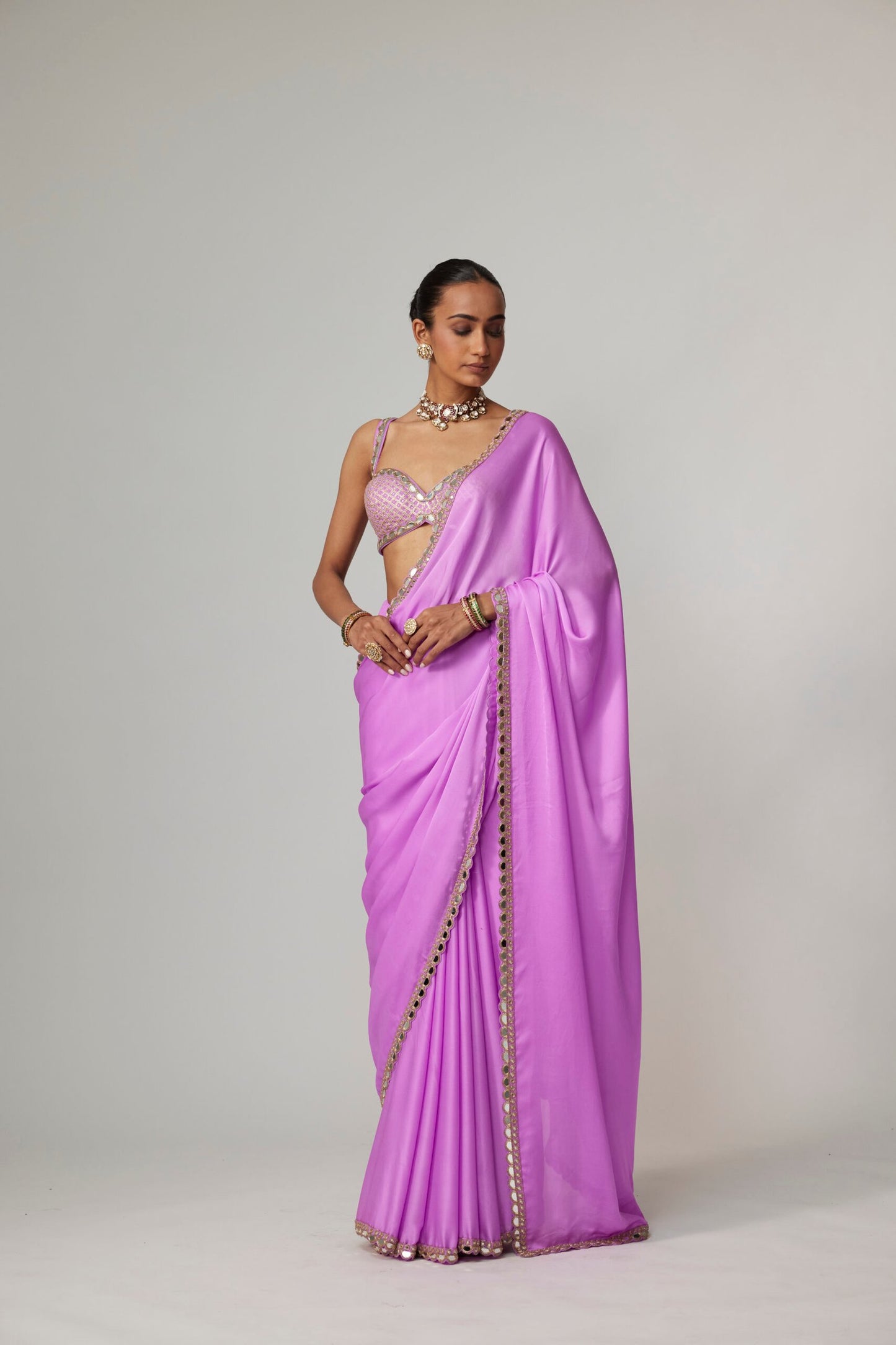MAUVE SATIN SAREE SET