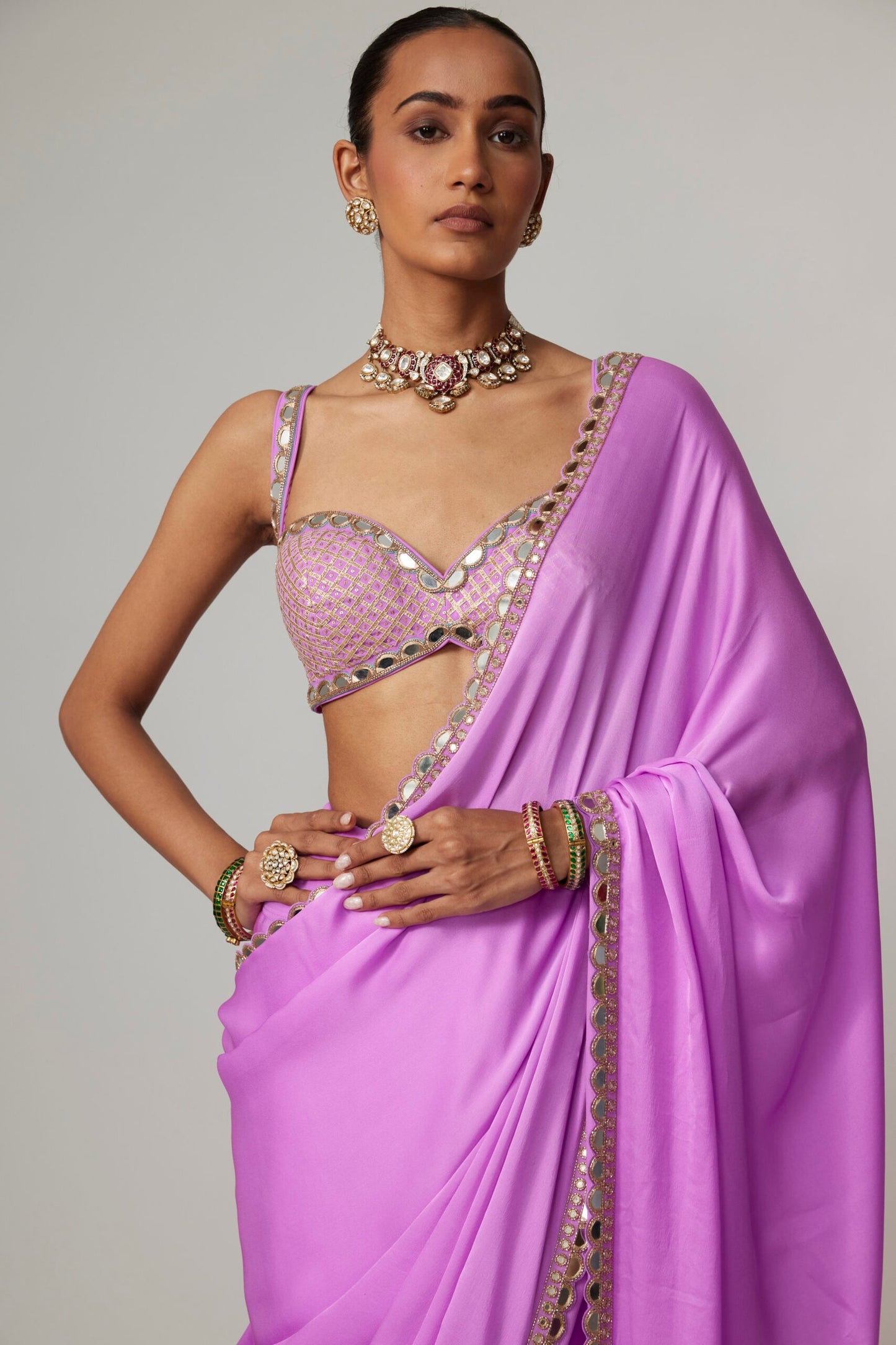 MAUVE SATIN SAREE SET