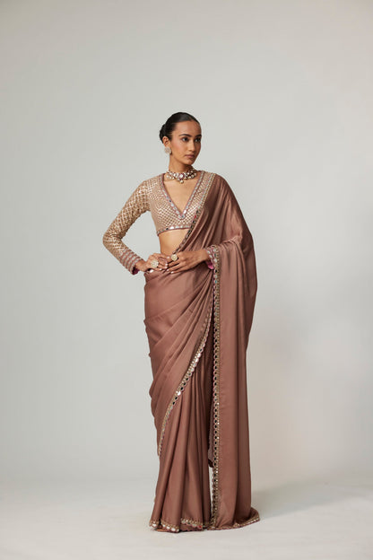 DEEP BEIGE SATIN SAREE SET