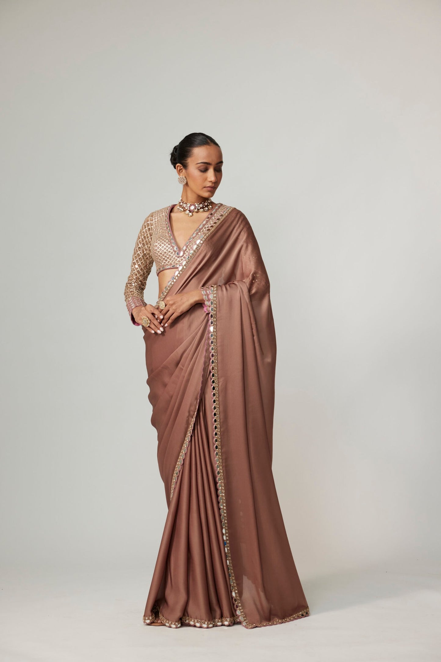 DEEP BEIGE SATIN SAREE SET