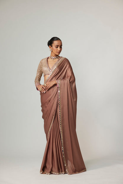 DEEP BEIGE SATIN SAREE SET