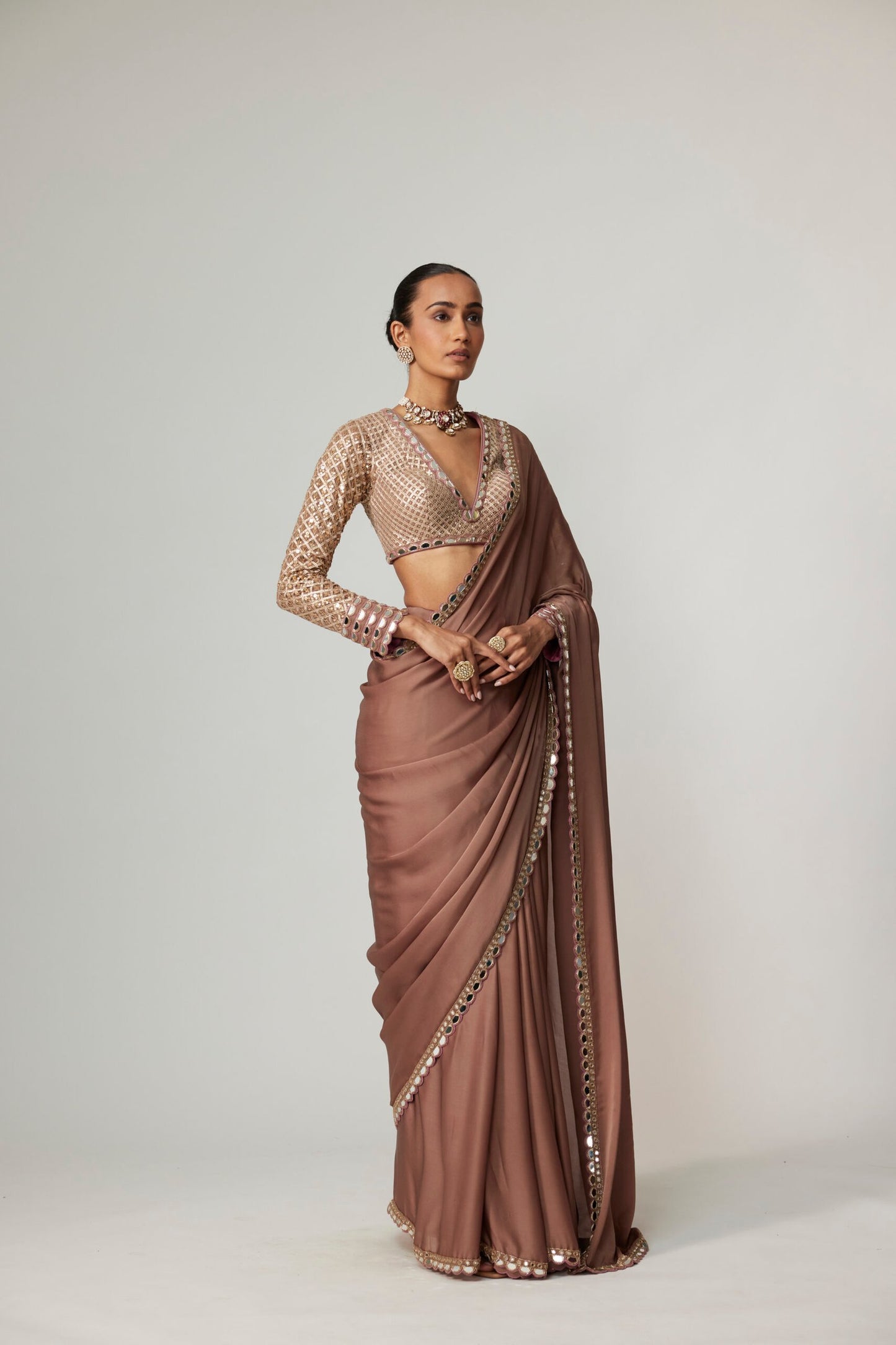 DEEP BEIGE SATIN SAREE SET