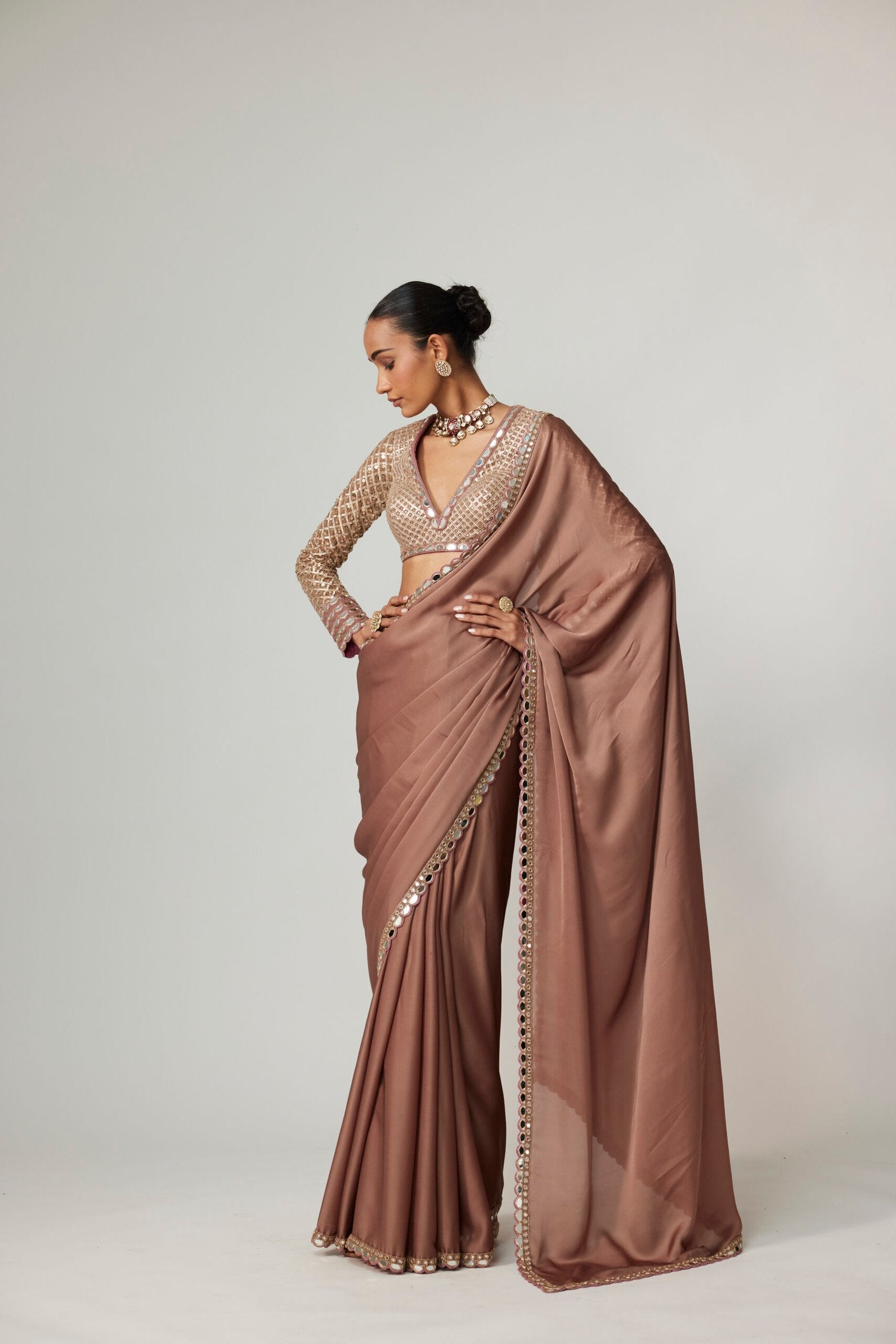 DEEP BEIGE SATIN SAREE SET