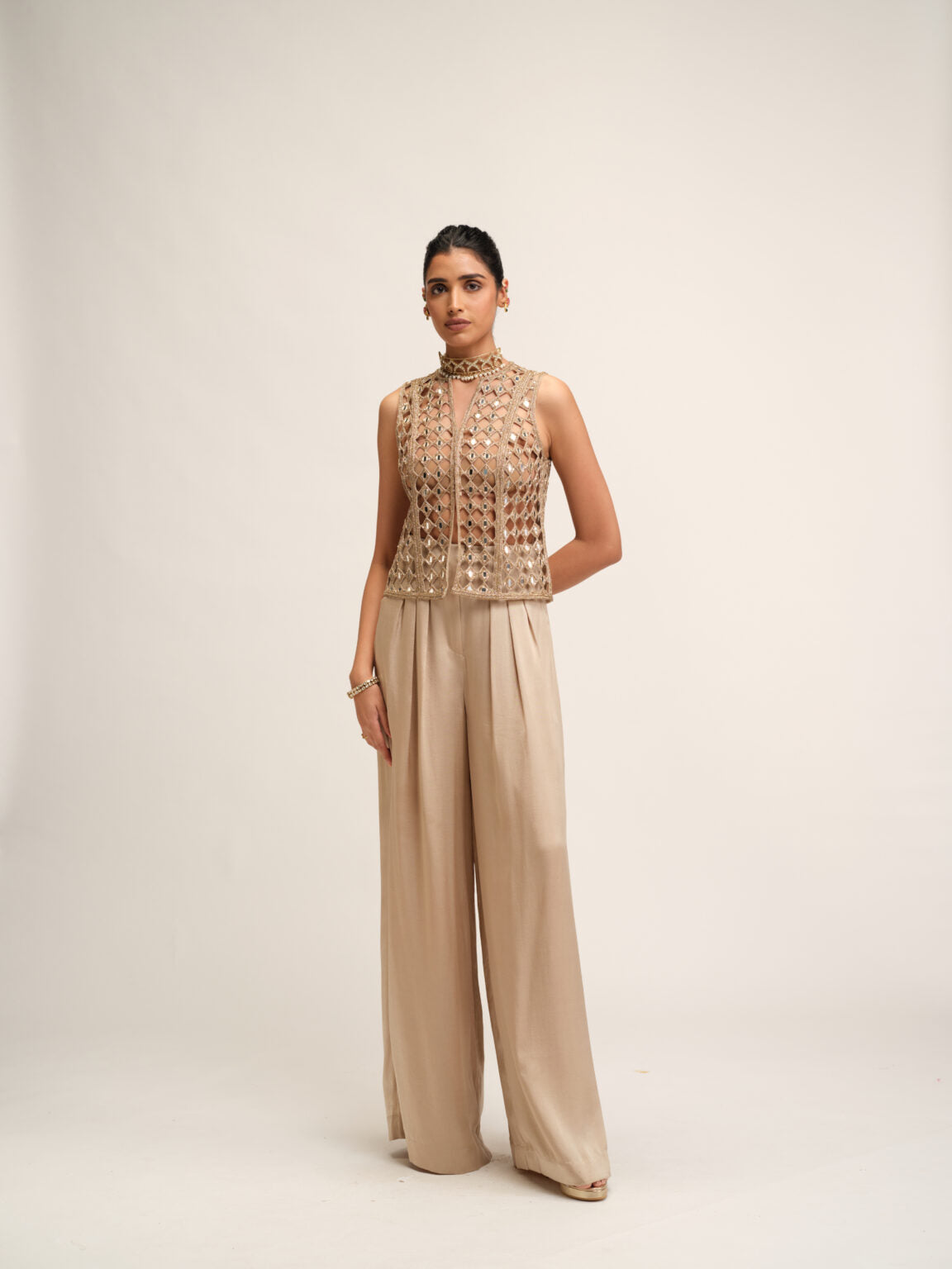 LIGHT BEIGE CUTWORK JACKET SET