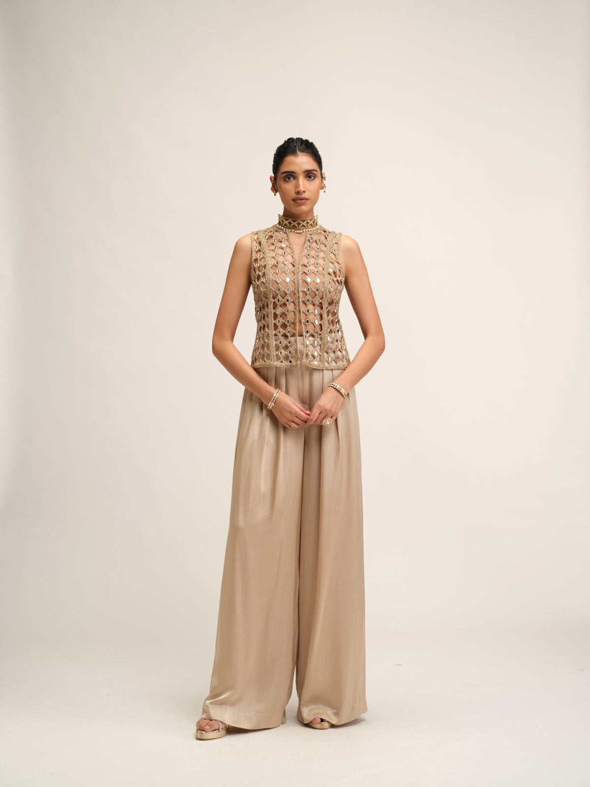 LIGHT BEIGE CUTWORK JACKET SET