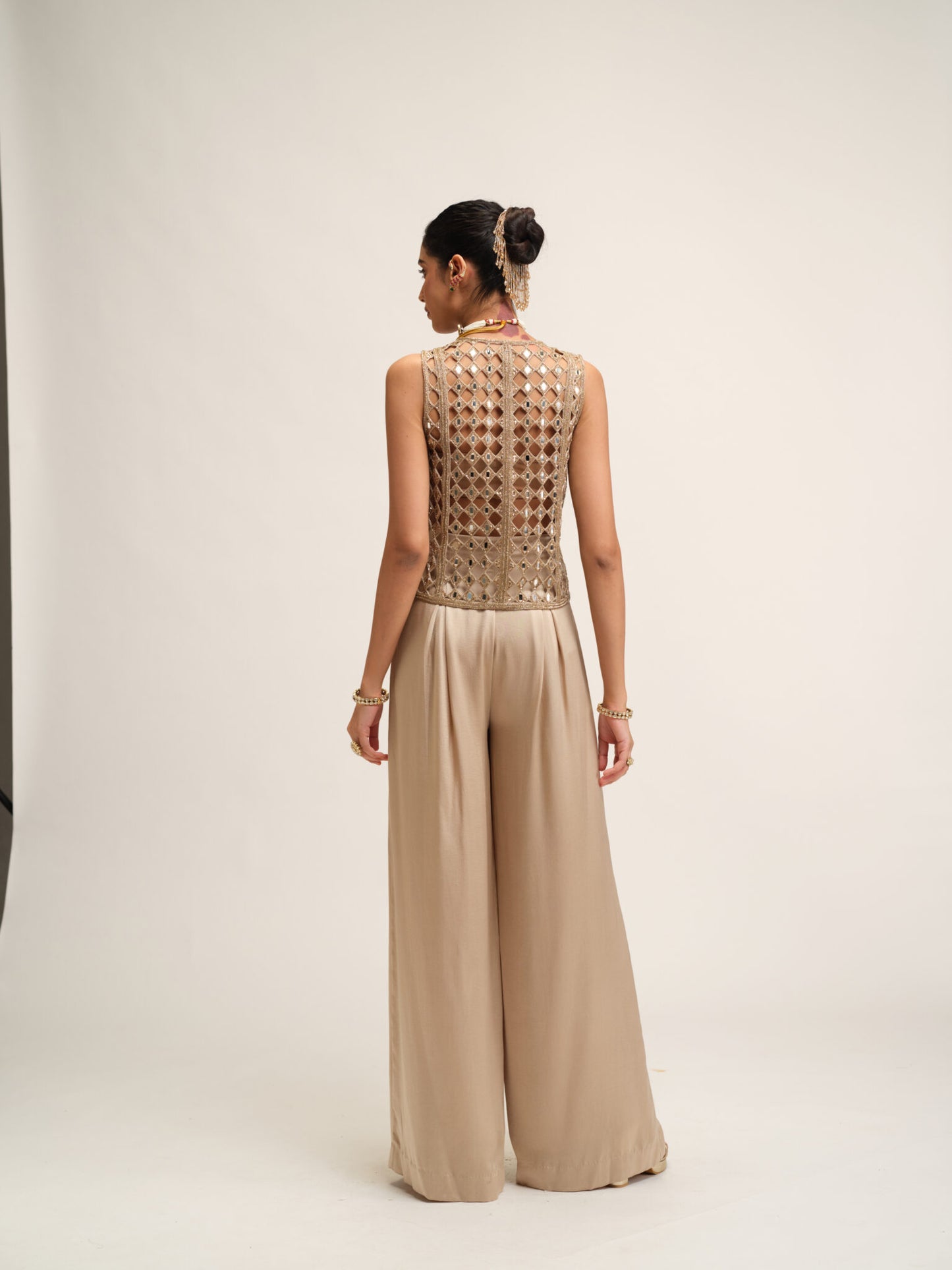 LIGHT BEIGE CUTWORK JACKET SET