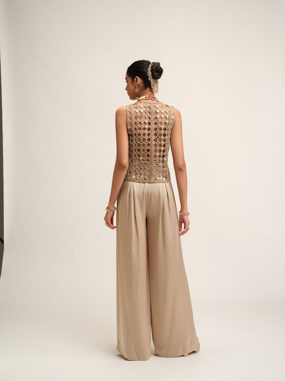 LIGHT BEIGE CUTWORK JACKET SET