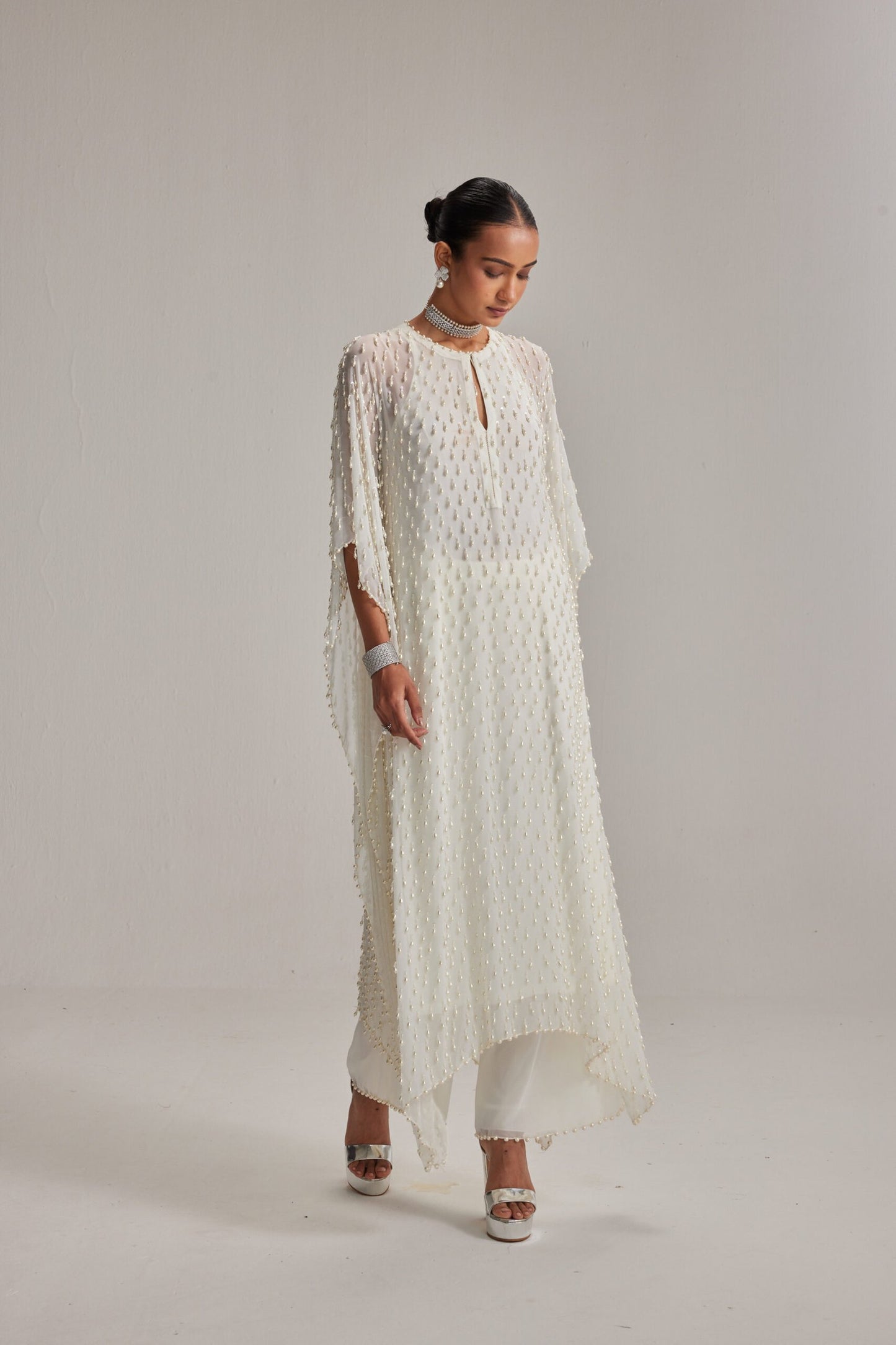 Off White Pearl Drop Kaftaan set