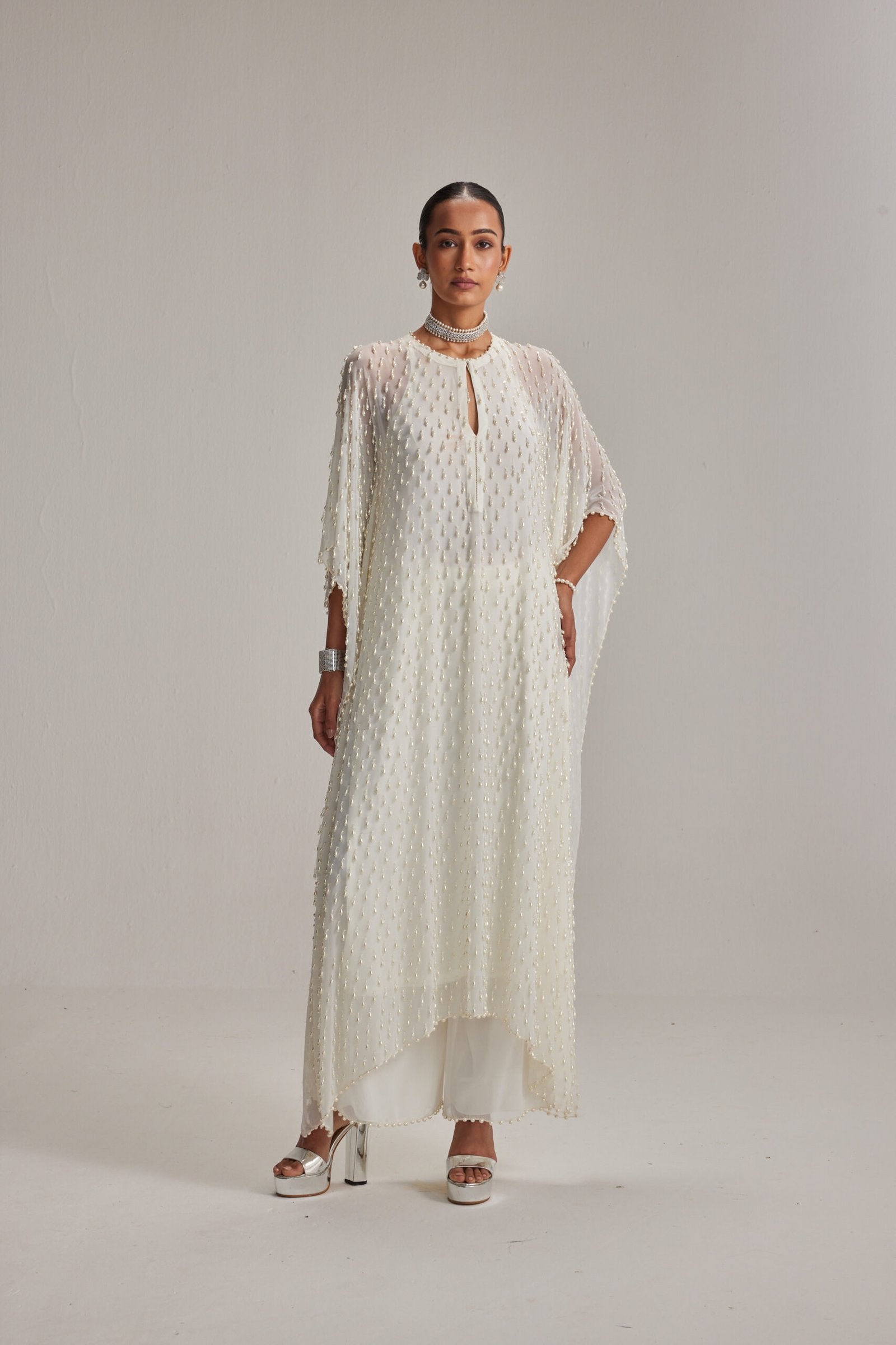 Off White Pearl Drop Kaftaan set