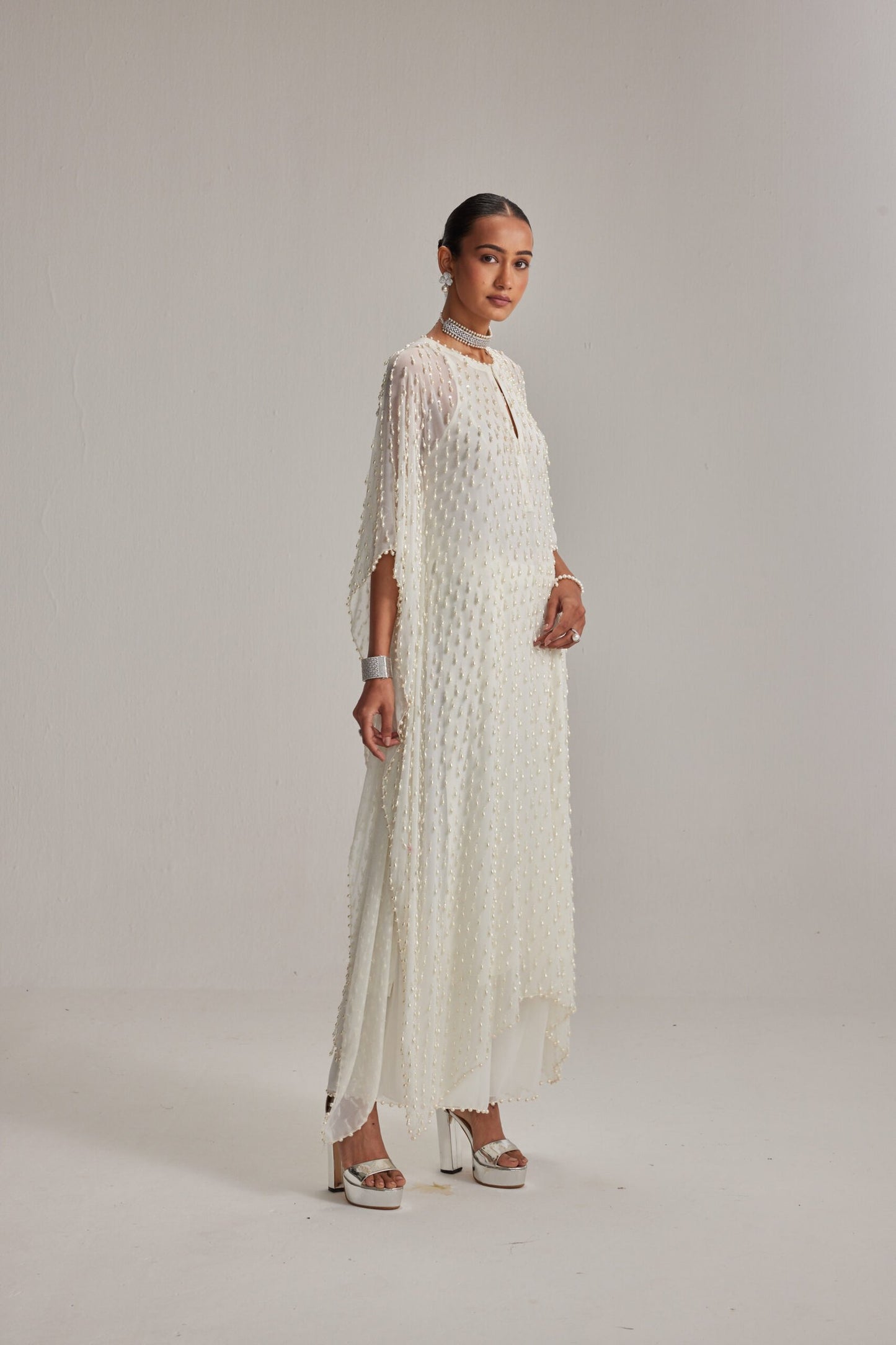 Off White Pearl Drop Kaftaan set